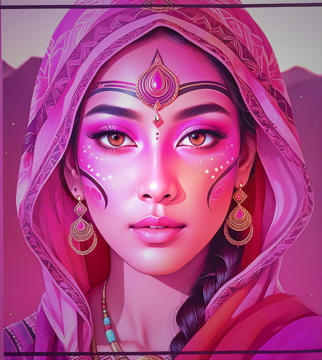 Young woman in vibrant pink with intricate makeup