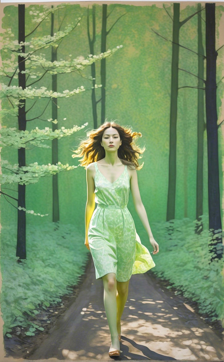 Woman in green dress walking through serene forest path