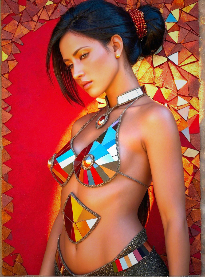 Mosaic-Style Outfit with Geometric Background