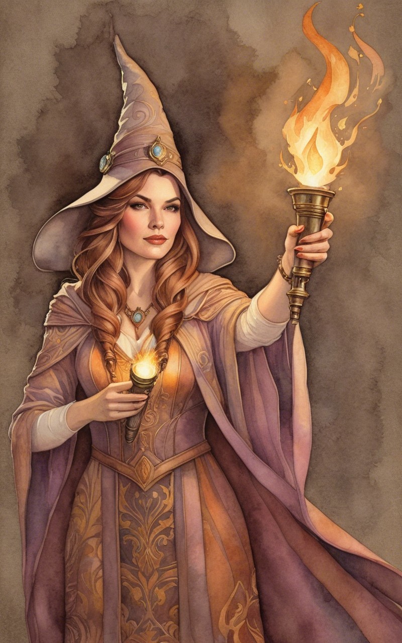 Mystical Figure in Ornate Robe with Glowing Torch