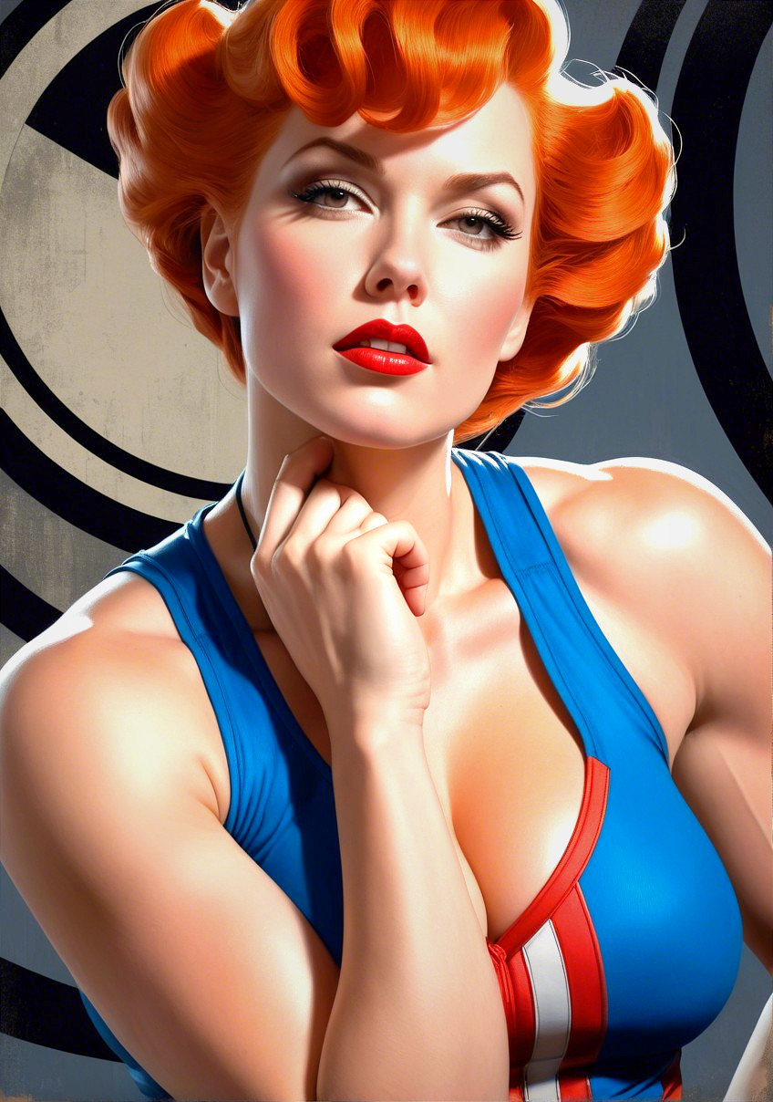 Confident Woman with Vibrant Orange Curls and Glamorous Makeup