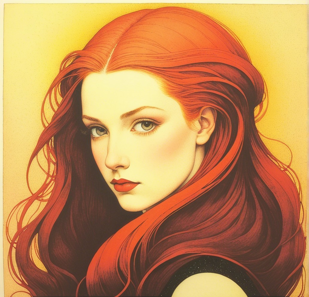 Young woman with red hair and yellow gradient background