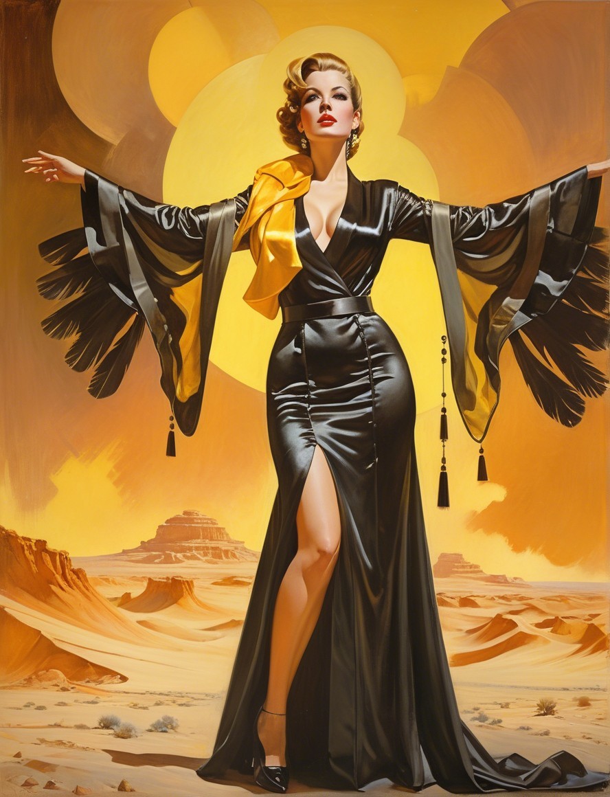 Glamorous Figure in Black Satin Gown in Desert Setting