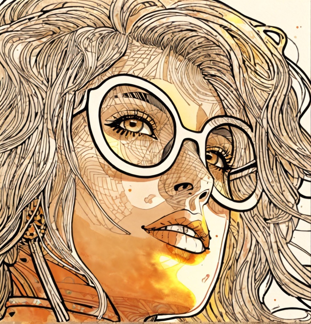 Stylized Portrait of a Woman with Flowing Hair and Glasses