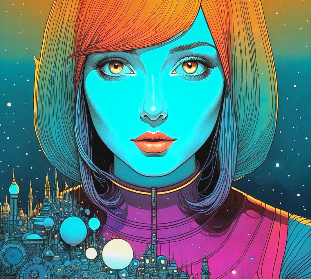 Vibrant Portrait of a Woman with Blue Skin and Orange Hair