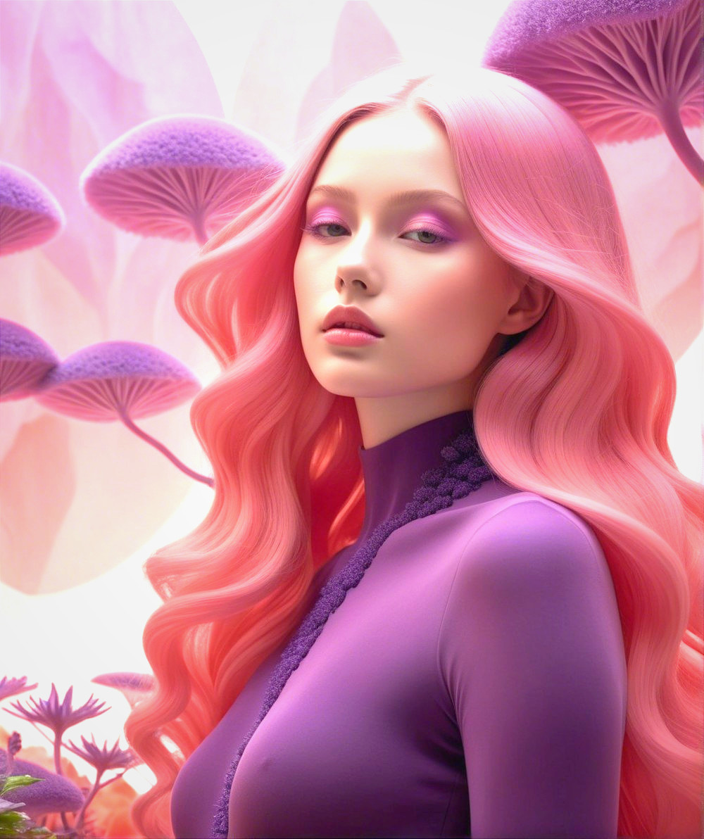 Ethereal Figure in Surreal Mushroom Landscape
