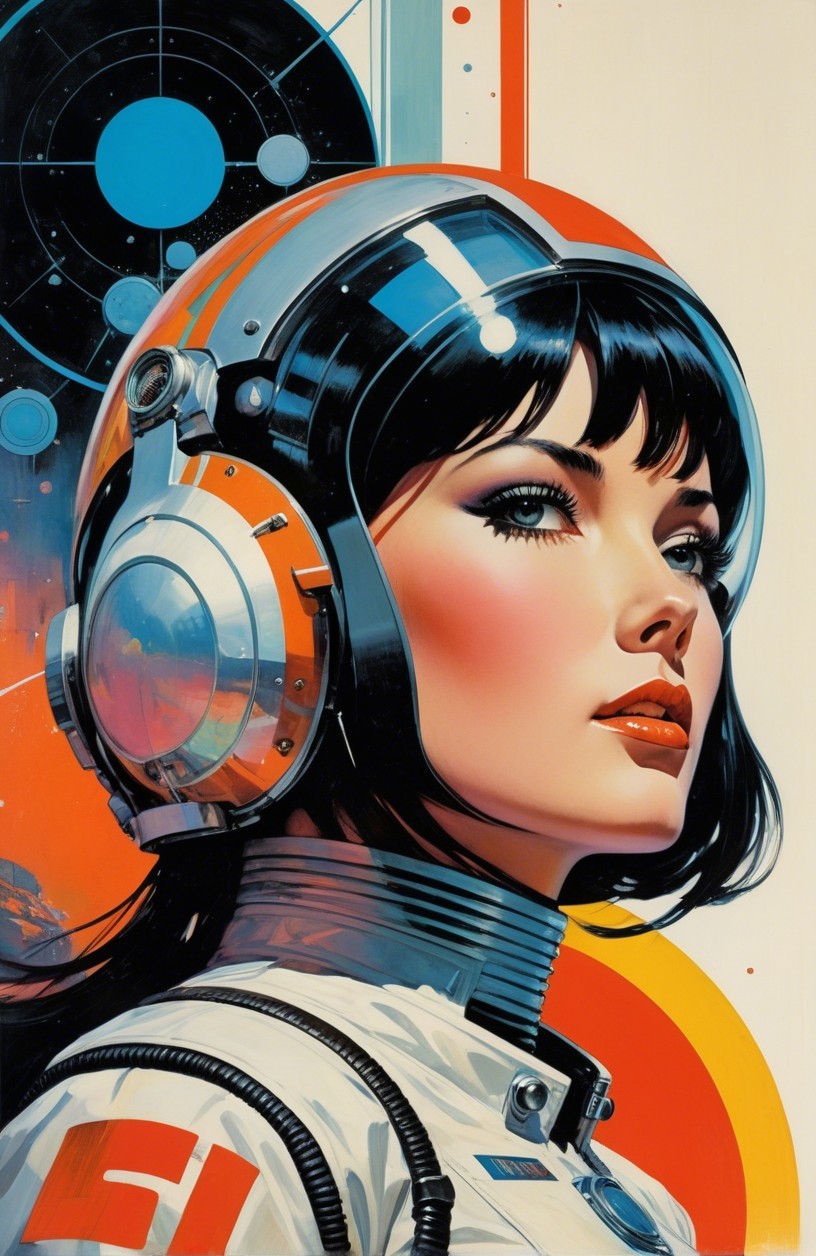 Retro-Futuristic Female Astronaut in Vibrant Space Scene