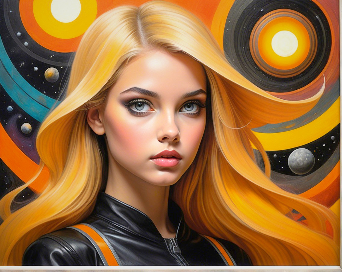 Young woman with blonde hair in cosmic backdrop