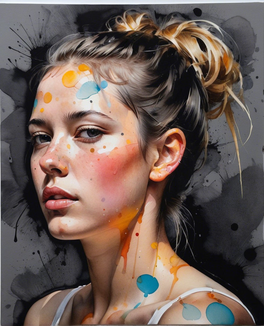 Young Woman with Colorful Face and Messy Bun