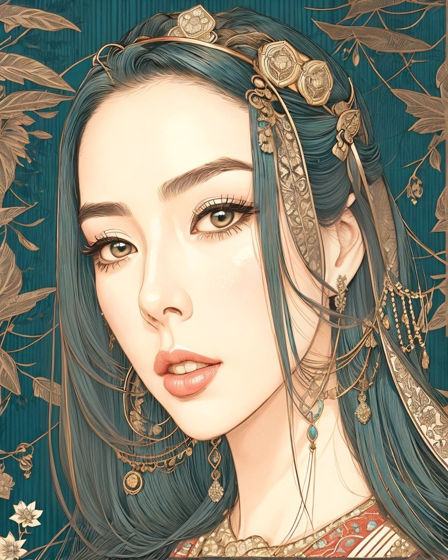 Portrait of a woman with flowing hair and jewelry