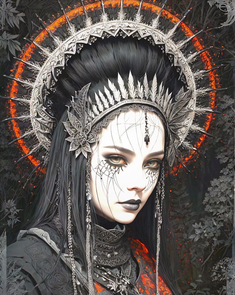 Dark Ethereal Figure with Fiery Halo and Dramatic Makeup