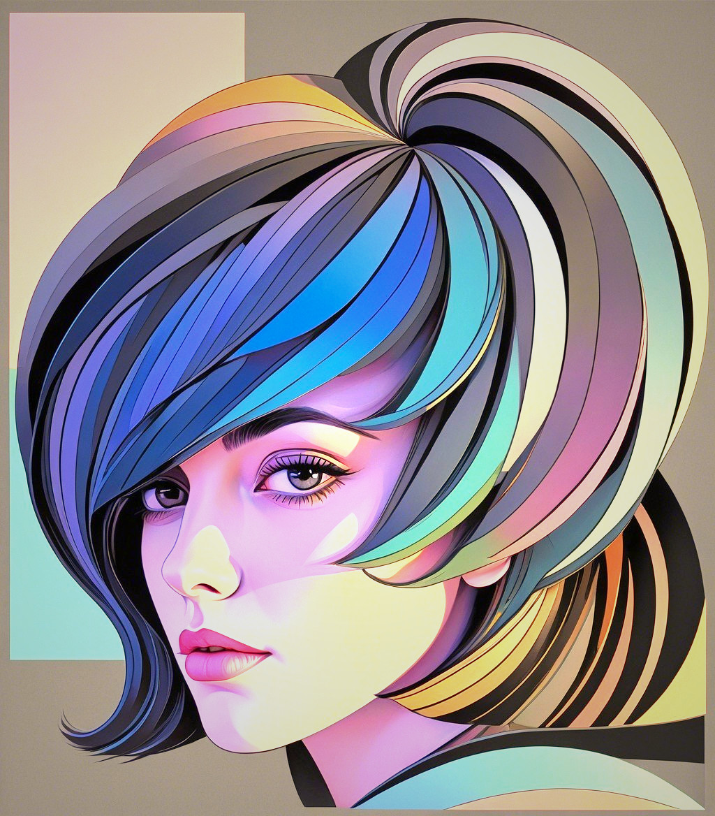 Stylized portrait of a woman with vibrant hair and shapes