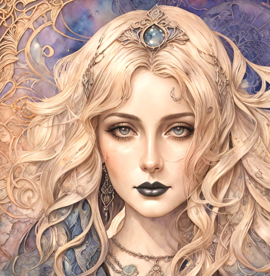 Mystical Woman with Blonde Hair and Gemstone Tiara