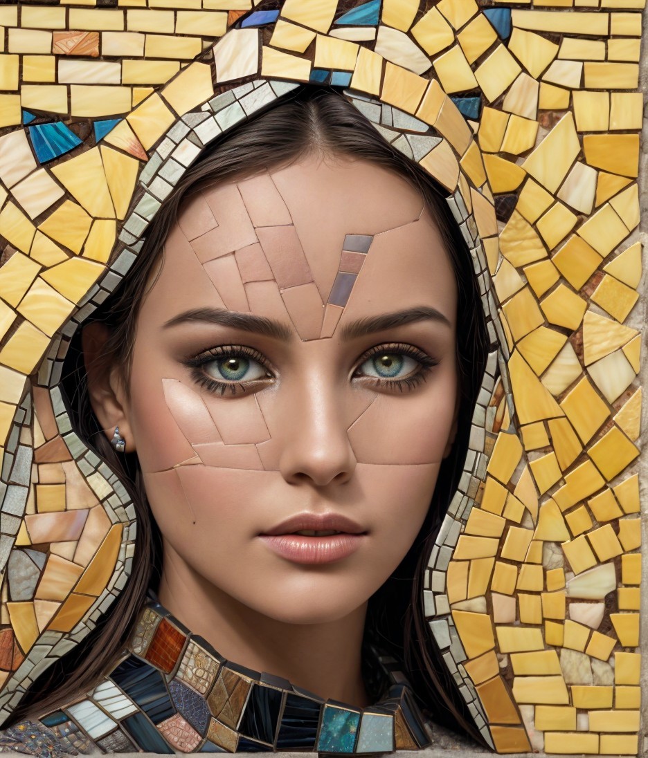Portrait of a Woman in Mosaic Background with Green Eyes