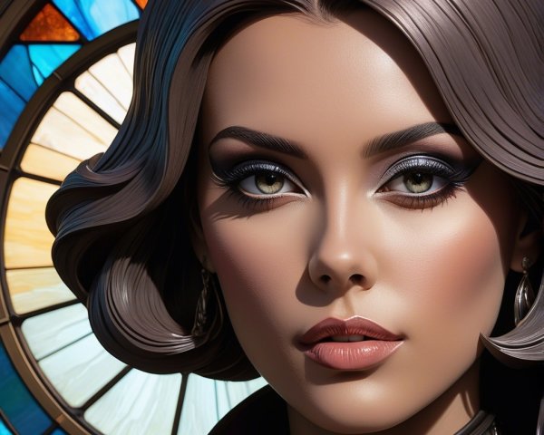 Elegant Woman with Glossy Hair and Stained-Glass Background