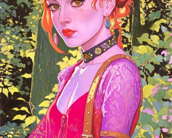 Young woman with red curls in vibrant outfit and greenery