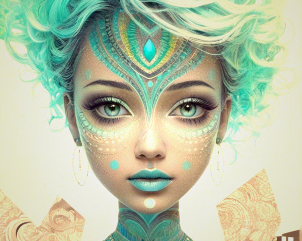 Portrait of a woman with turquoise hair and face paint