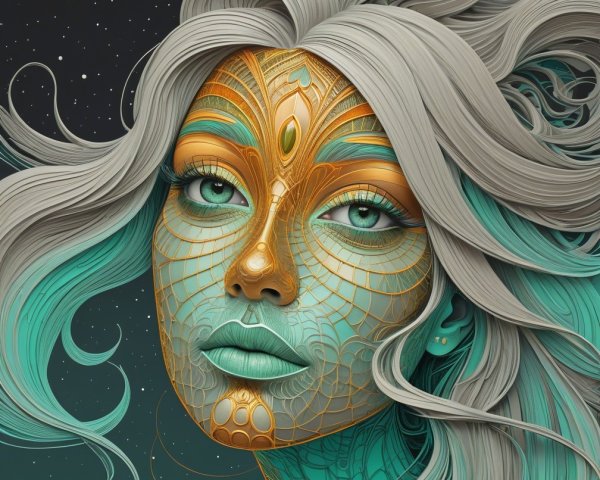 Surreal Portrait of Woman with Silver Hair and Patterns