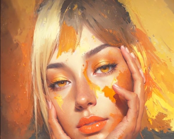 Hyperdetailed digital painting of a woman with orange accents