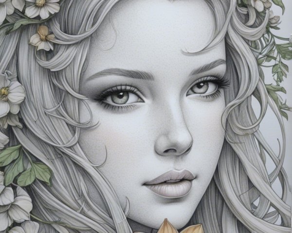 Detailed Portrait of a Young Woman with Flowers