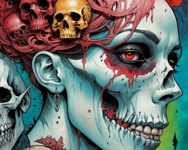 Stylized Female Skull with Vibrant Colors and Details