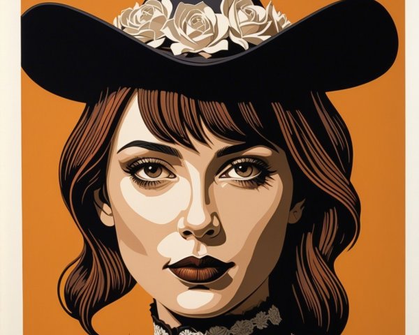 Illustration of a Woman in Hat with Roses and Orange Background