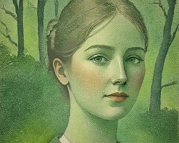 Young Woman in Soft Green Tones in Forest Setting