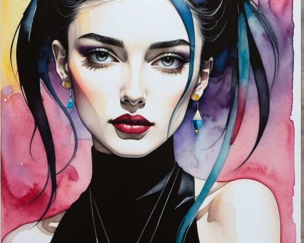 Portrait of a Young Woman with Bold Features and Colorful Background