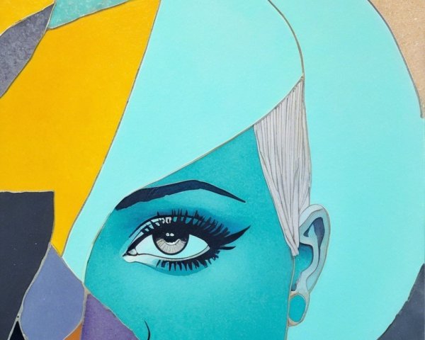 Stylized Face Artwork in Turquoise and Purple Shades