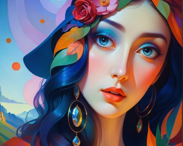 Portrait of a Young Woman with Blue Hair and Flowers