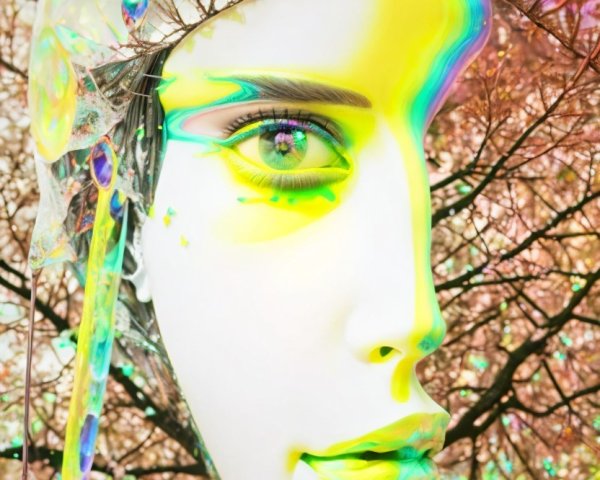 Futuristic Face with Iridescent Colors and Nature Backdrop