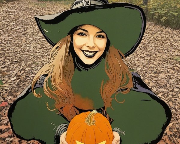 Cheerful witch with pumpkin on forest path in autumn