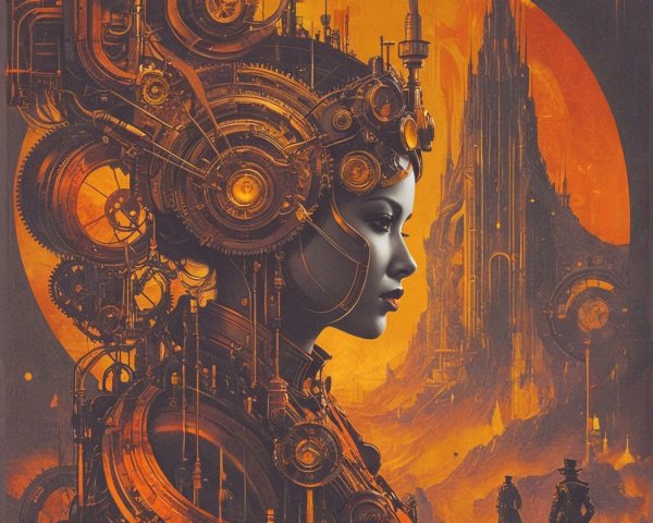 Steampunk Mixed Media Art of Woman with Clockwork Head