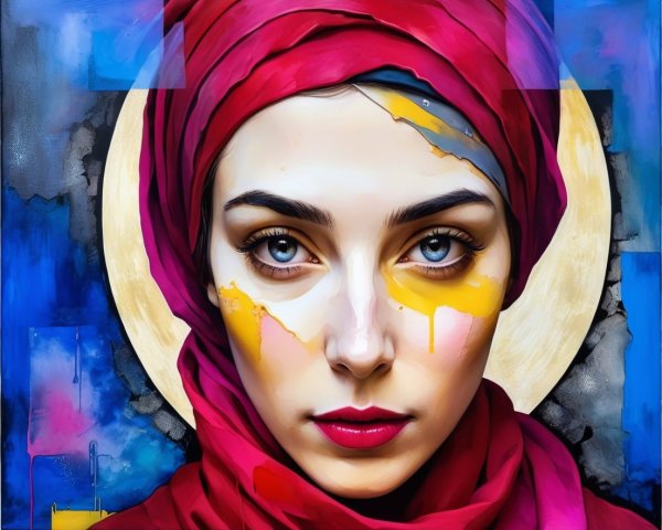 Portrait of a Woman with Blue Eyes and Colorful Paint