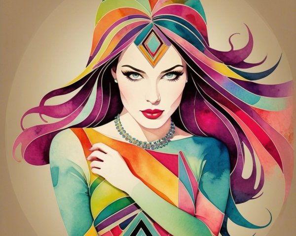 Vibrant Woman with Geometric Patterns and Colorful Hair