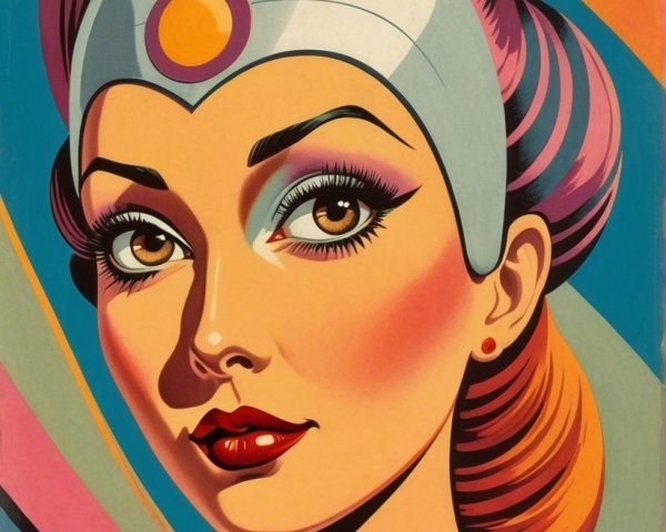 Vibrant Retro Portrait of a Woman in Futuristic Helmet
