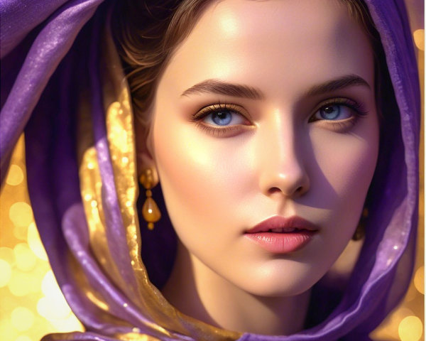 Young woman with blue eyes in purple and gold scarf