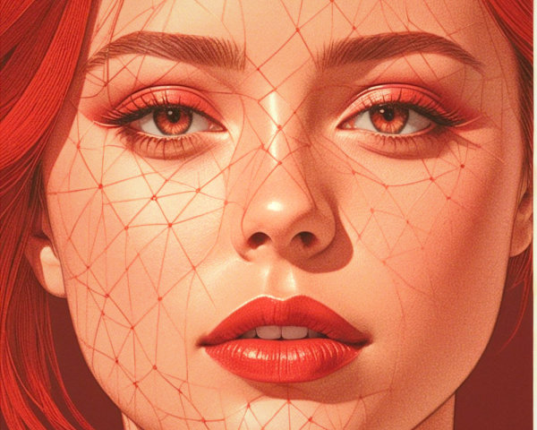 Close-up of a woman with red hair and geometric lines