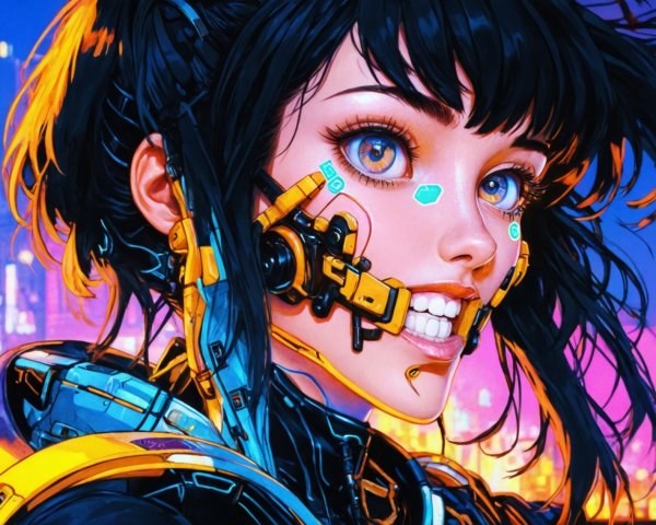 Cybernetic Anime Girl in Futuristic Urban Night Scene