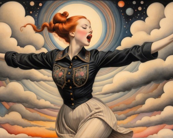 Stylized figure of a woman with red hair singing
