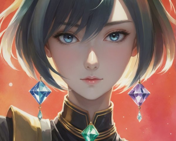 Anime-style woman with blue hair and glowing blue eyes