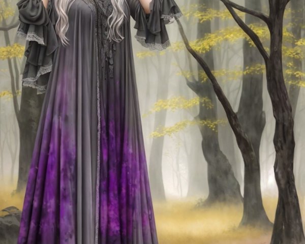 Young woman in misty forest with vibrant dress and hat