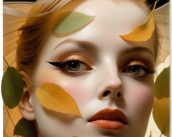 Close-Up Portrait of Model with Green Eyes and Leaves