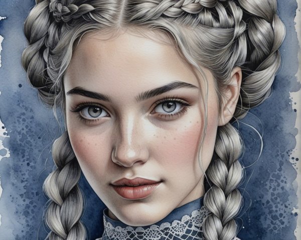 Portrait of a Young Girl with Silver Hair and Blue Eyes