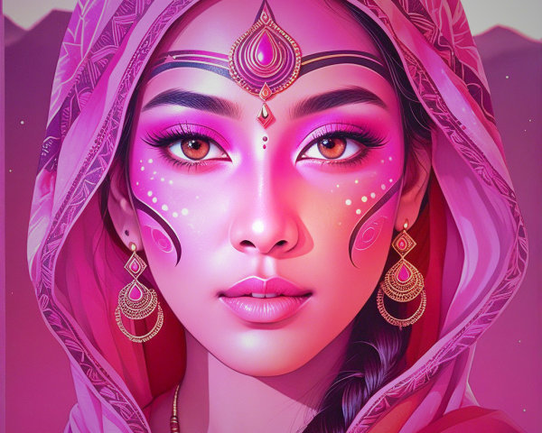 Young woman in vibrant pink with intricate makeup
