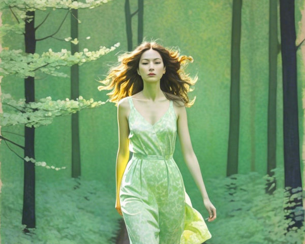Woman in green dress walking through serene forest path