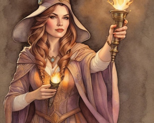 Mystical Figure in Ornate Robe with Glowing Torch