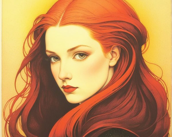 Young woman with red hair and yellow gradient background