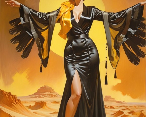 Glamorous Figure in Black Satin Gown in Desert Setting