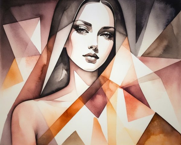 Portrait of a Woman in Soft Watercolor with Geometric Background